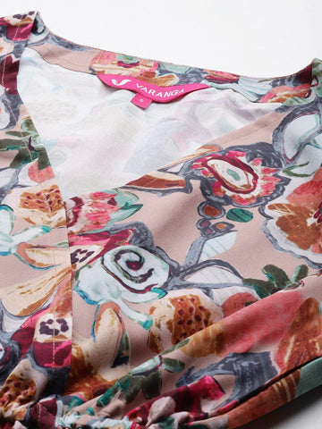 Beige Abstract Printed V-Neck Angrakha Style Top Paired With Tonal Printed Flared Bottom